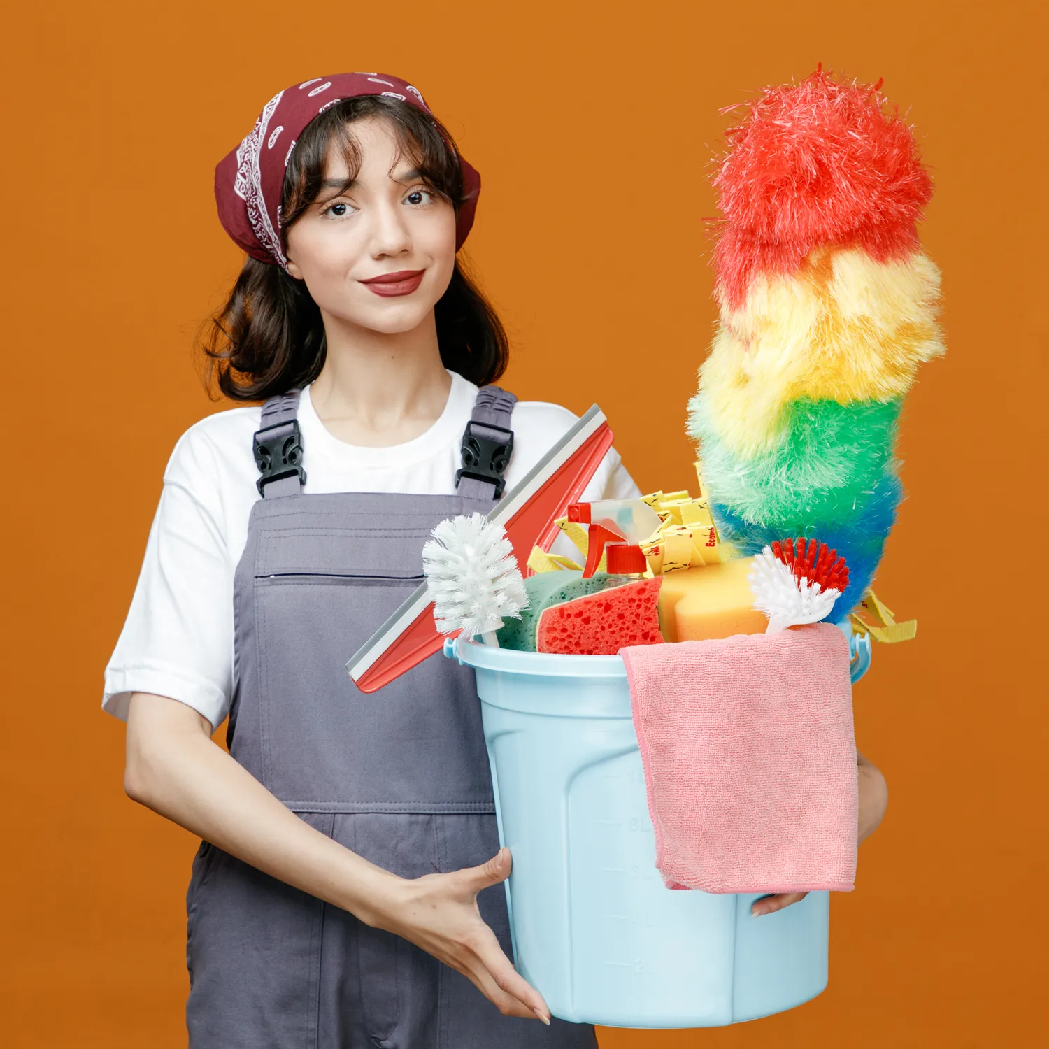 woman with colorful cleaning supplies